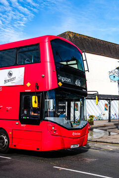 Close-Up Of the Front Of A Red First Bus Double-Decker Bus On route 406 Epsom To Kingston