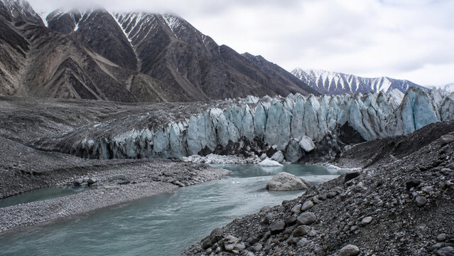 Himalayan glacier terminus with a meltwater stream
