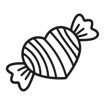 Wrapped sweet candy with heart symbol in black and white doodle art style confectionery illustration and Heart Shaped Candy Sweet Treat Outline Icon Design