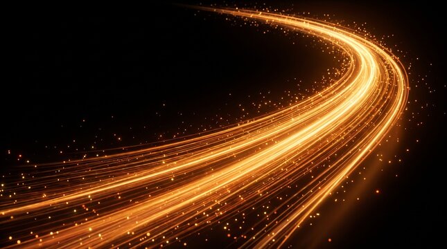 Luxurious abstract golden light trails creating a wide sweeping curve across a black background