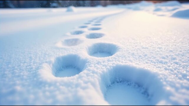 A trail of footprints in the snow with trees in the background
