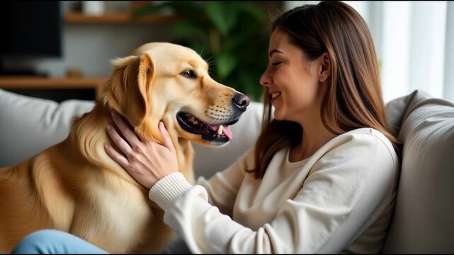 Woman sits on a couch with a dog, a comfortable and cozy scene