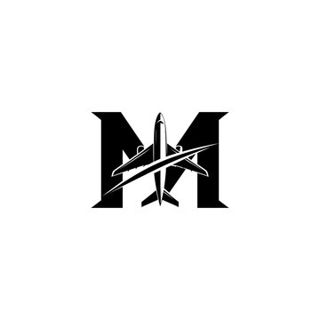 Letter M logo design combined with a modern airplane silhouette.