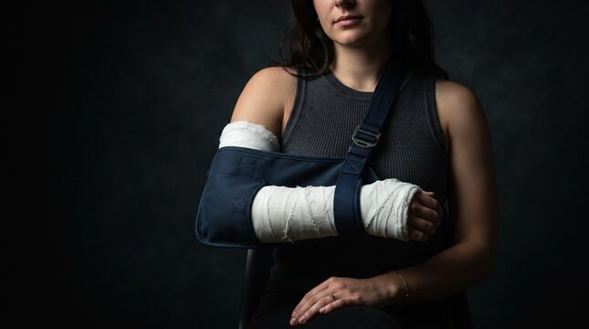 Woman wearing an arm sling and plaster cast for recovery and healing