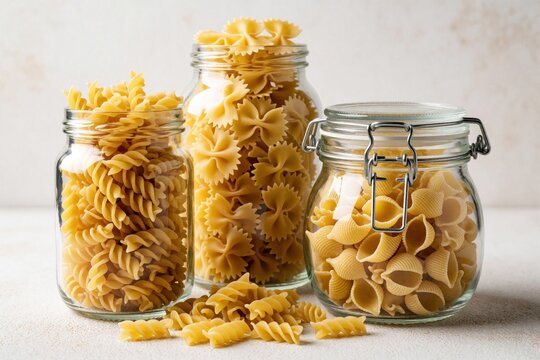 Glass jars filled with different pasta shapes like fusilli, farfalle, and conchiglie. Dry uncooked pasta varieties are stored on a light surface, ready for cooking.