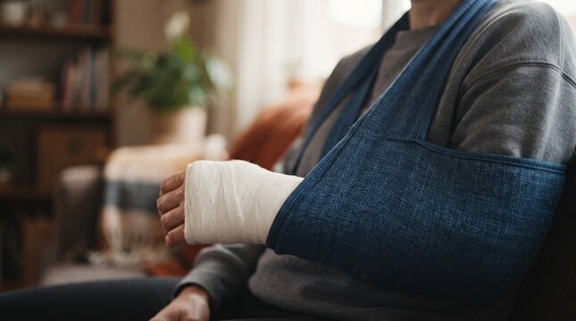 Person with broken arm in cast and sling recovering at home