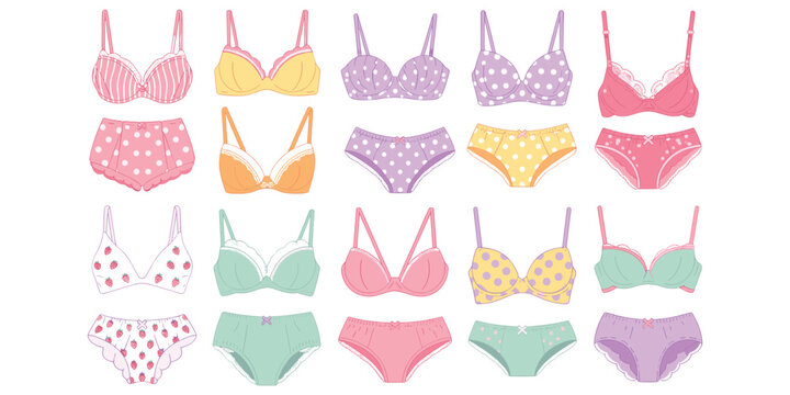 A collection of colorful women lingerie sets, featuring various bras and panties with patterns like polka dots, stripes, and strawberries, on a white background