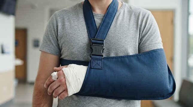 Man wearing a medical arm sling and bandage for injury recovery