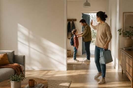 Family Coordinating School Departure in Bright Modern Home