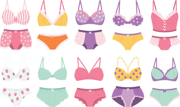 A comprehensive collection of various women lingerie sets, including bras and panties with diverse patterns and colors, presented as a flat set