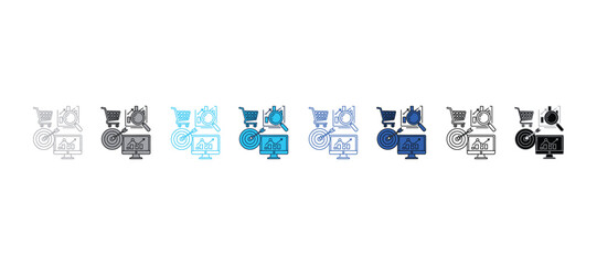 Obraz premium Digital marketing vector icons featuring shopping cart magnifier target monitor in blue marketing shopping magnifier business commerce strategy analysis research computer bullseye