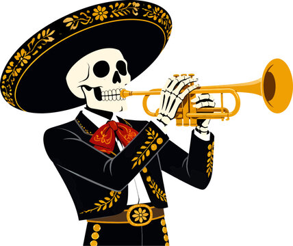 Skeleton mariachi playing trumpet for day of the dead set, halloween, day, of the dead celebration vector