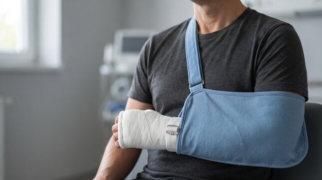 Man with injured arm in sling and bandage at hospital medical clinic