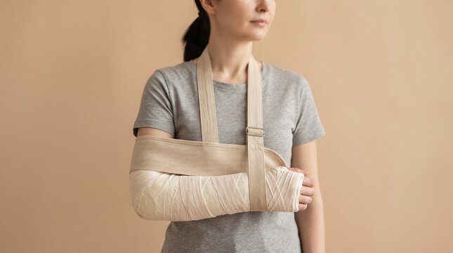 Woman wearing orthopedic arm sling and cast for fracture recovery