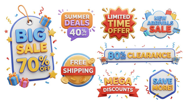 3D Promotional Sale Badges and Graphic Elements Set Isolated on Transparent Background