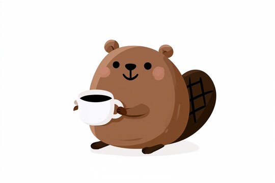 Cute beaver holding coffee cup on white background