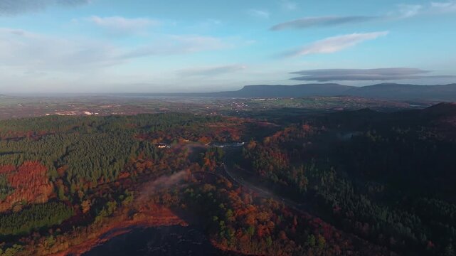 Aerial view of lush forests and rolling hills under a soft morning sky in Sligo, Co. Sligo, Ireland.