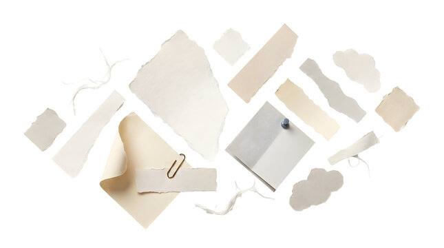 Aesthetic handmade paper scraps composition isolated on transparent background