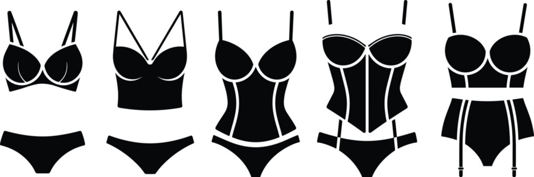 Five black silhouettes of women's lingerie sets, featuring various styles of bras, panties, corsets, and garter belts, isolated on a white background, flat set for fashion
