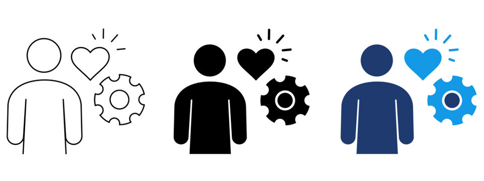 User preferences icon with person, heart, and gear cog. Symbol of customer satisfaction, personalized settings, user engagement, loyalty program, experience management, and service.