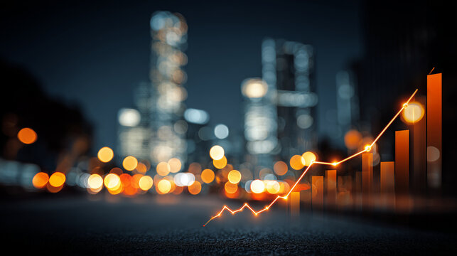 Vibrant financial growth chart set against a bustling urban night skyline with soft glowing city lights in the background