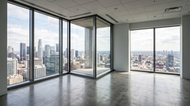 Interior view of an empty modern corporate corner office with large glass windows overlooking a generic city skyline and polished concrete floor