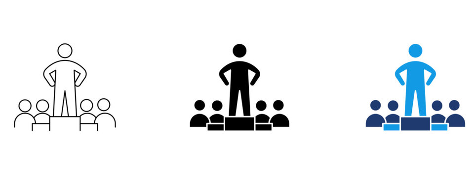 Leadership icon with leader standing on podium in front of group. Symbol of team management, public speaker, business executive, conference presenter, authority, and team leader.