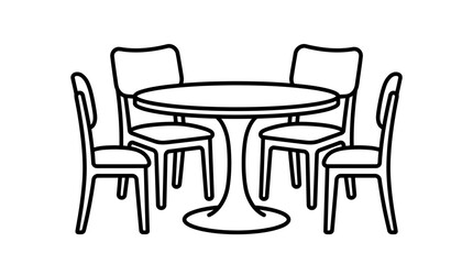 Fototapeta premium A simple black and white line drawing of a round dining table with four chairs.