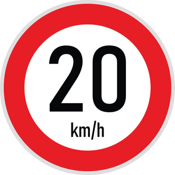 Speed limit 20 kmh road sign vector icon. Maximum speed regulation traffic control and safety restriction symbol. Round red circle slow drive zone warning