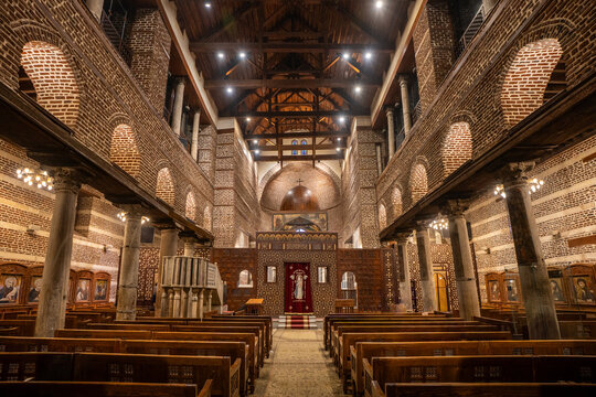 A striking interior view of the Church of Saints Sergius and Bacchus (Abu Serga), one of the oldest Coptic Orthodox churches in Old Cairo, Egypt.