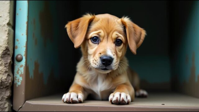 A small brown dog is sitting on top of a box, looking around