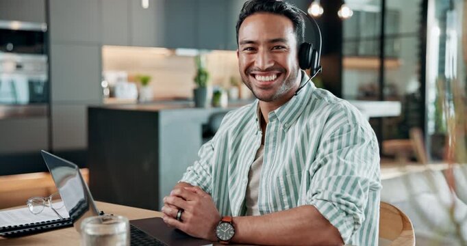 Remote work, face and happy man with headset in home, virtual assistant or laughing with technology. Freelancer, portrait and person with laptop, telemarketing and communication with mic in house