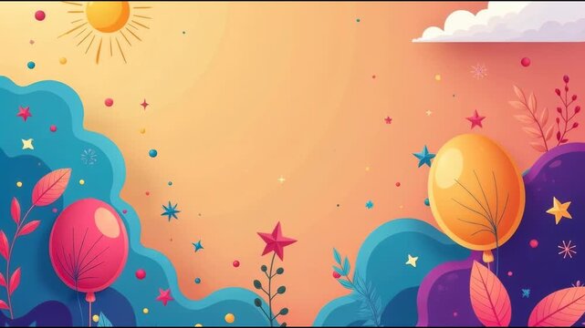 Colorful background with a balloon and stars, ideal for celebrations and party themes