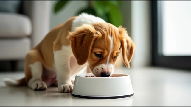A dog enjoying a meal from a bowl on the floor