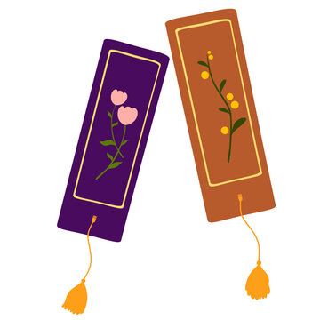 Two decorative bookmarks feature floral illustrations, one with pink flowers on a purple background and another with yellow berries on a warm brown background, each finished with golden tassel