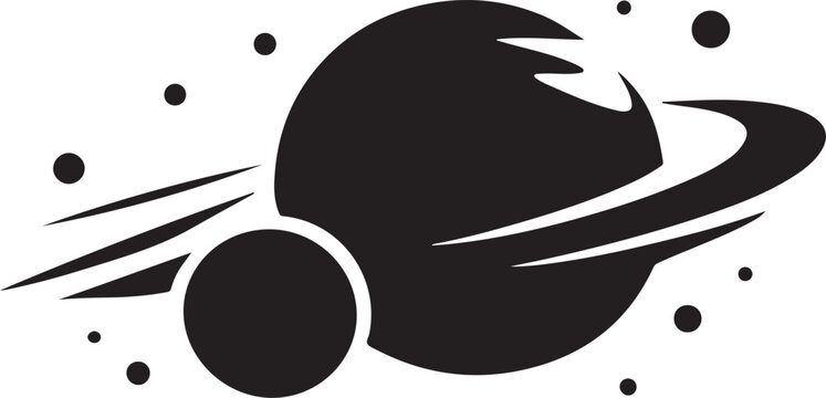 Minimalist planet silhouette with orbital rings and distant stars vector illustration.