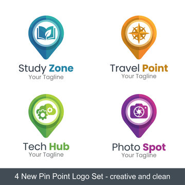 This logo set features four distinct pin point designs, clearly representing the themes of education, travel, technology, and photography for versatile branding purposes.