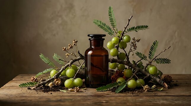 Amla fruit with a dark glass apothecary bottle on a rustic wooden table. amla oil