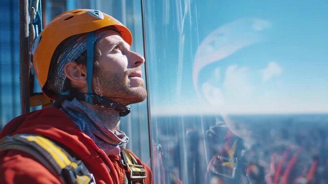 Rope access worker in orange helmet cleans skyscraper glass window above city. Facade technician looks toward bright blue horizon during sunny day. Reflection highlights height, safety and urban work.