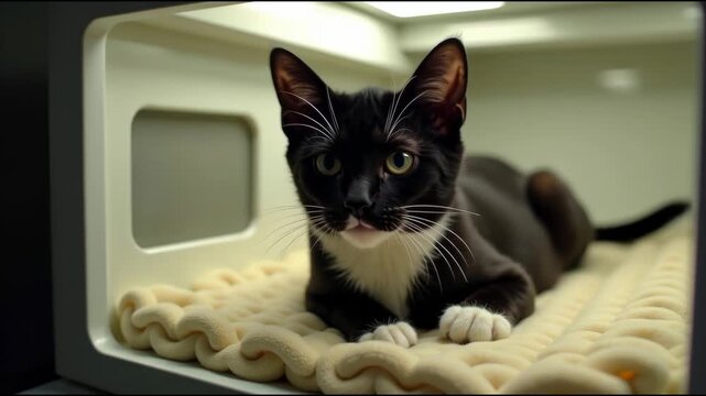 A black and white cat is seen laying in a microwave