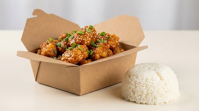 Stir fried chicken with vegetables in a cardboard take away box with white rice. general tso chicken