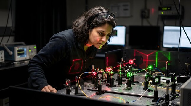 Female Quantum Physicist Laser Optical Breadboard Experiment Laboratory Research. Cinematic editorial of a female quantum physicist examining a complex optical breadboard setup