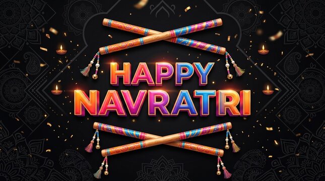 Happy navratri greeting with traditional dandiya sticks and oil lamps