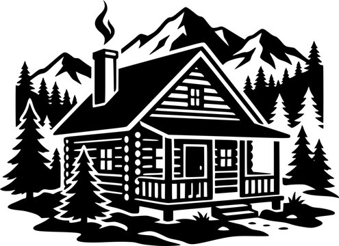 Log Cabin Silhouette Icon, Wooden Mountain House Black and White Vector, Rustic Cottage Outdoor Shelter Symbol
