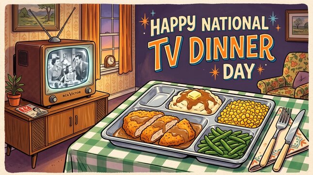Vintage 1950s style tv dinner meal on a tray in a cozy retro living room setting for national tv dinner day