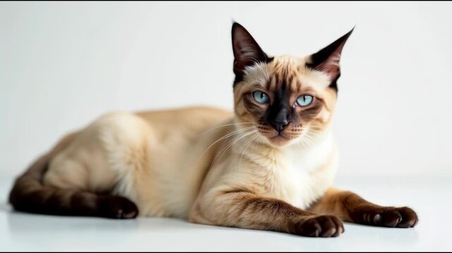 A Siamese cat with bright blue eyes is laying down