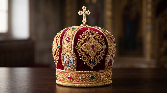Orthodox priest mitre hat, Ornate golden crown with gemstones and cross on wooden table in palace  