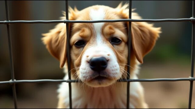 A brown and white dog standing behind a fence, with a blurred background