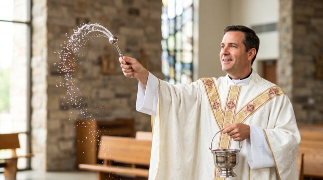 Priest sprinkling holy water, Catholic priest blessing with holy water during church ceremony  