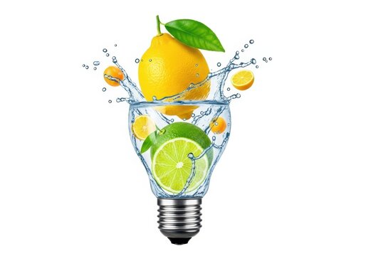 Bright lemon and lime fruits inside a light bulb with water splash